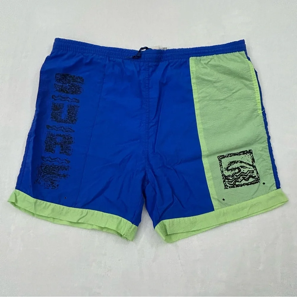 Vintage 90s Surf Gear Blue & Mint Green Swim Trunks Board Shorts Mens XL 36/38